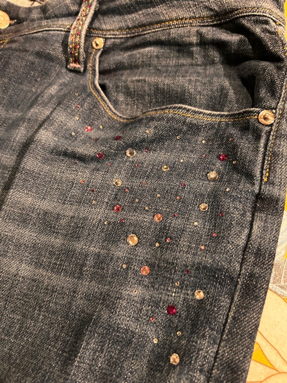 Seven7 Dark Blue Boot Cut Jeans with Multicolor Rhinestones